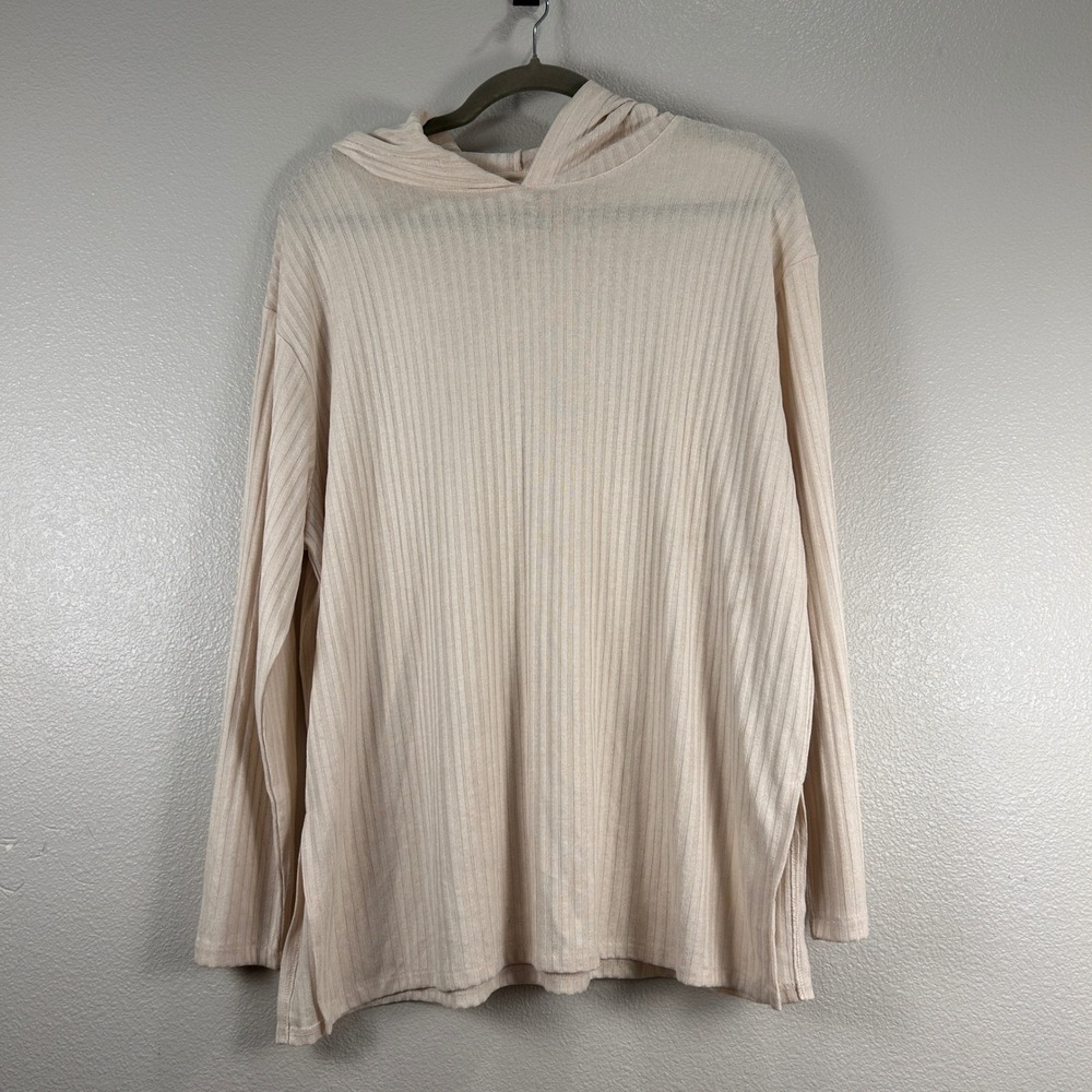 H&M Ribbed Knit Hooded Beige Long Sleeve Pullover Relaxed Fit Size M